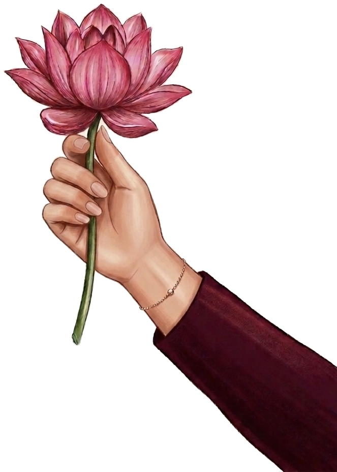 Illustration of a hand holding a pink lotus flower