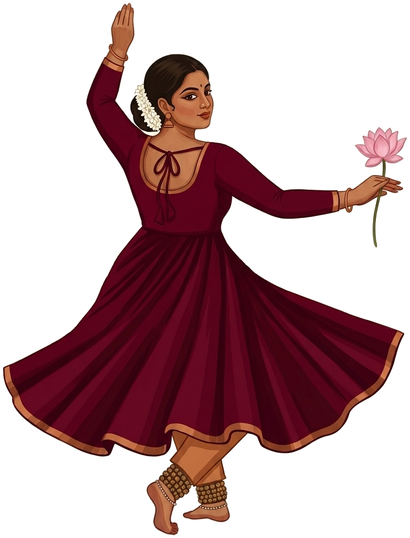 Illustration of a woman in a burgundy Tamira outfit holding a lotus